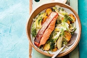 Crispy salmon with fennel, pear and cucumber salad